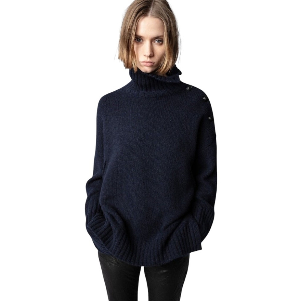 Zadig & Voltaire Alma Navy Blue Cashmere Turtleneck Sweater Size Large